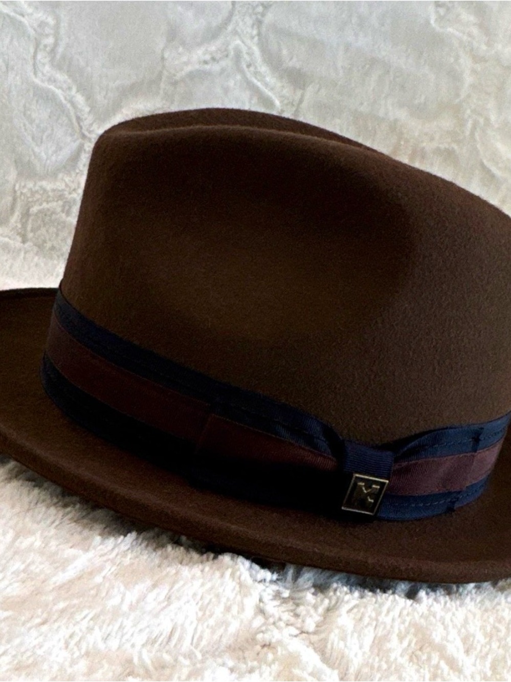 Kenny K 100% wool felt - Men's Brown Fedora Hat with Navy & Brown Band